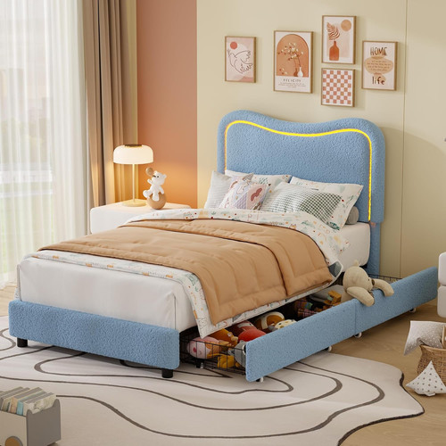 Blue upholstered twin bed - blue,